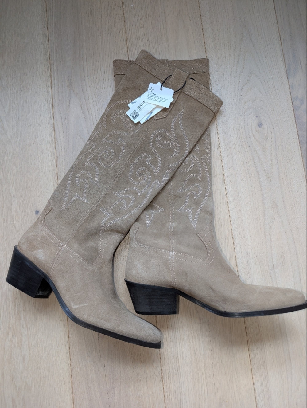 Zara Tan Suede Knee-High Western Boots
